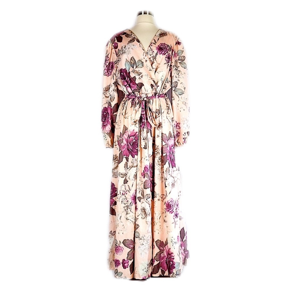 Cottagecore Long Bishop Sleeve Floral Print Belted Maxi Dress 2X